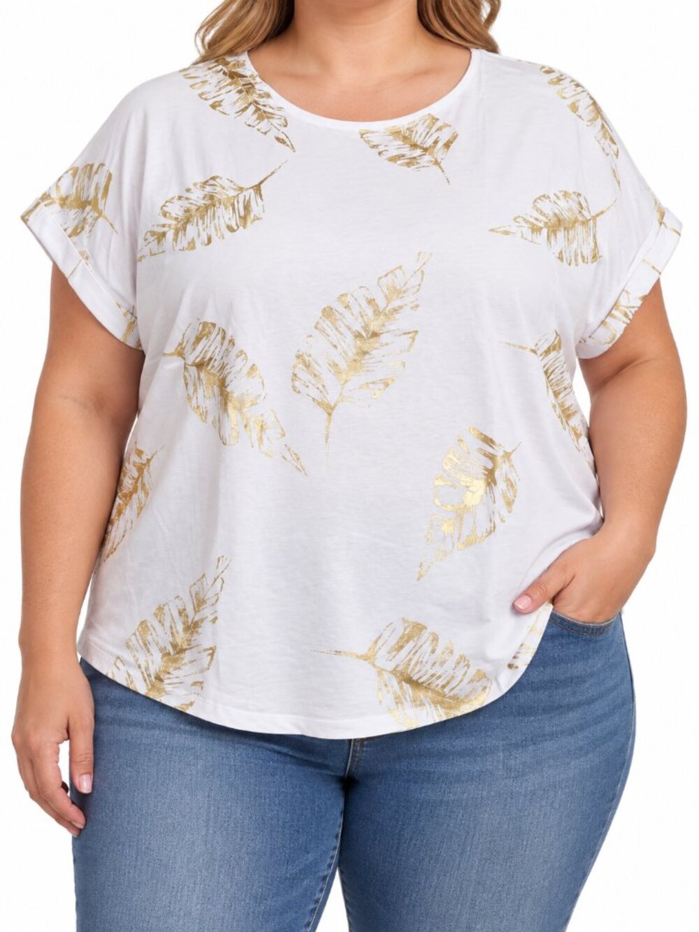L. Hansen 2X White Gold Metallic Leaf Print Top